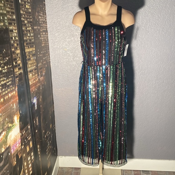 KNIT WORKS - NWT - jumpsuit: black lined mesh w 🌈 sequins & velvet straps - 16 - Picture 2 of 16